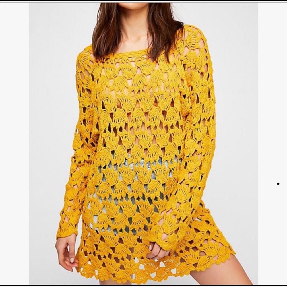 Free People Sweater Dress Little Fan Crochet Tunic Mini Yellow Knit Size XS